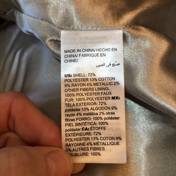 Chicos Size 3 P Silver Jacquard Brown Faux Fur Cuffs Jacket Coat US 16 18 Petite - Picture 8 of 9